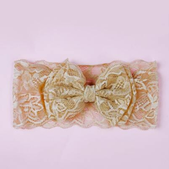Lace Bowknot Beige Headband Baby Girl Elastic Headwrap Kids Handmade Hairband - Picture 10 of 10
